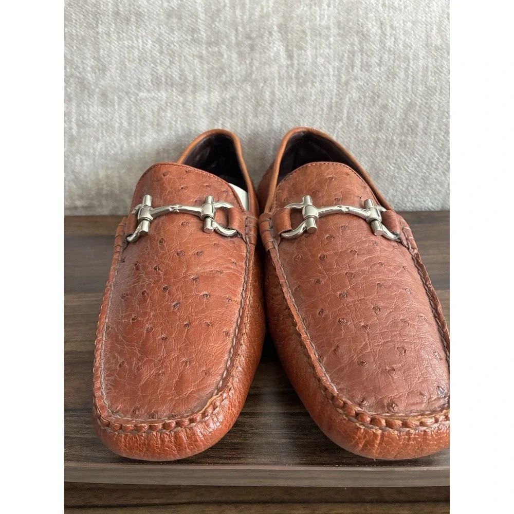 Boozie & Co Genuine Ostrich Quill Driving Moccasins Bit Loafer Cognac Tan Sz 8